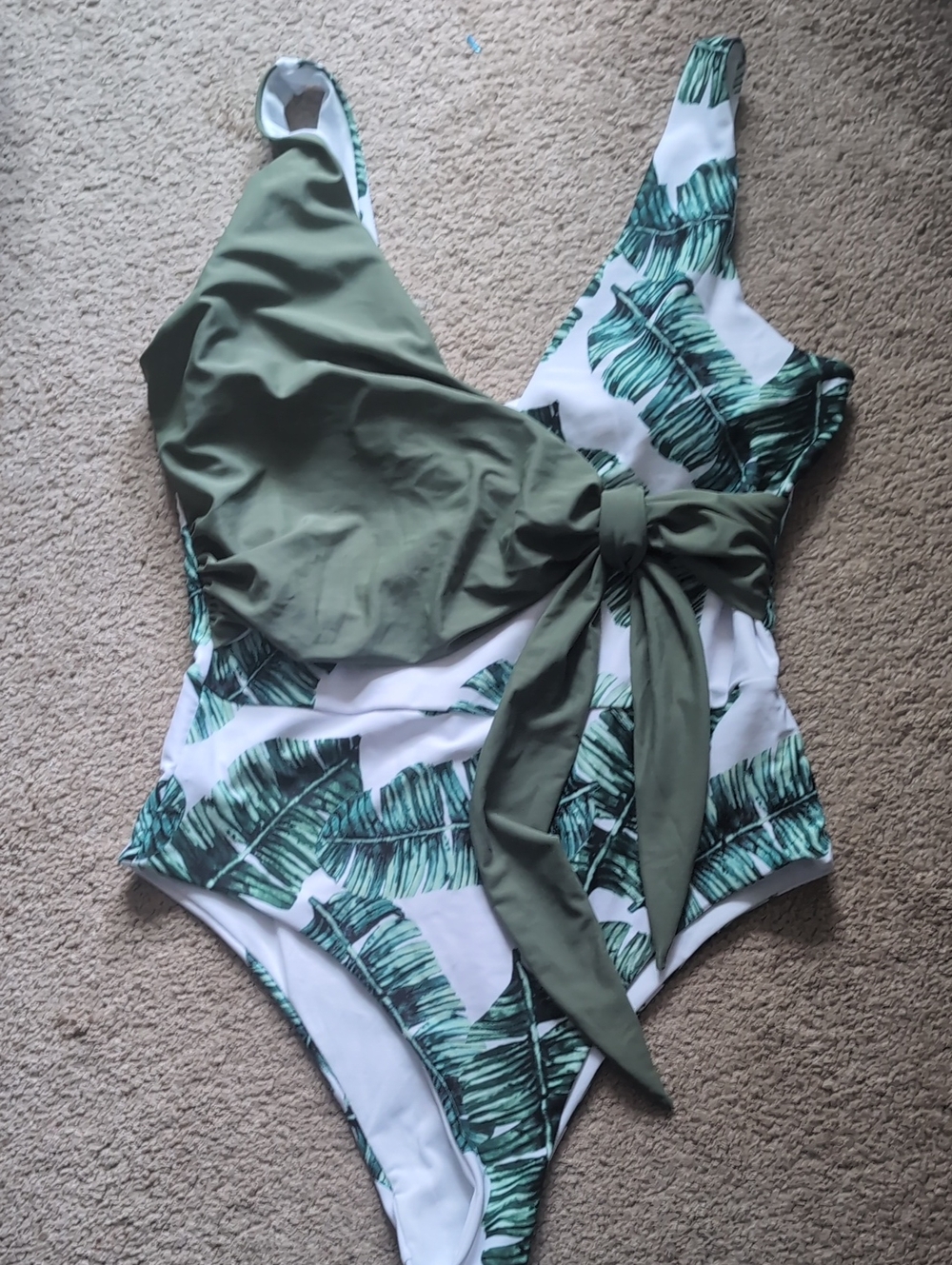Green Leaf Print One-Piece Swimsuit with Olive Tie